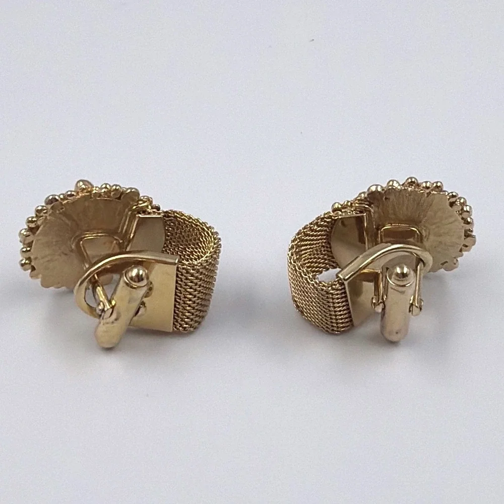 1970 Vintage Amber Cabochon Cufflinks Gold Tone Mesh Wrap Statement Retro Mens